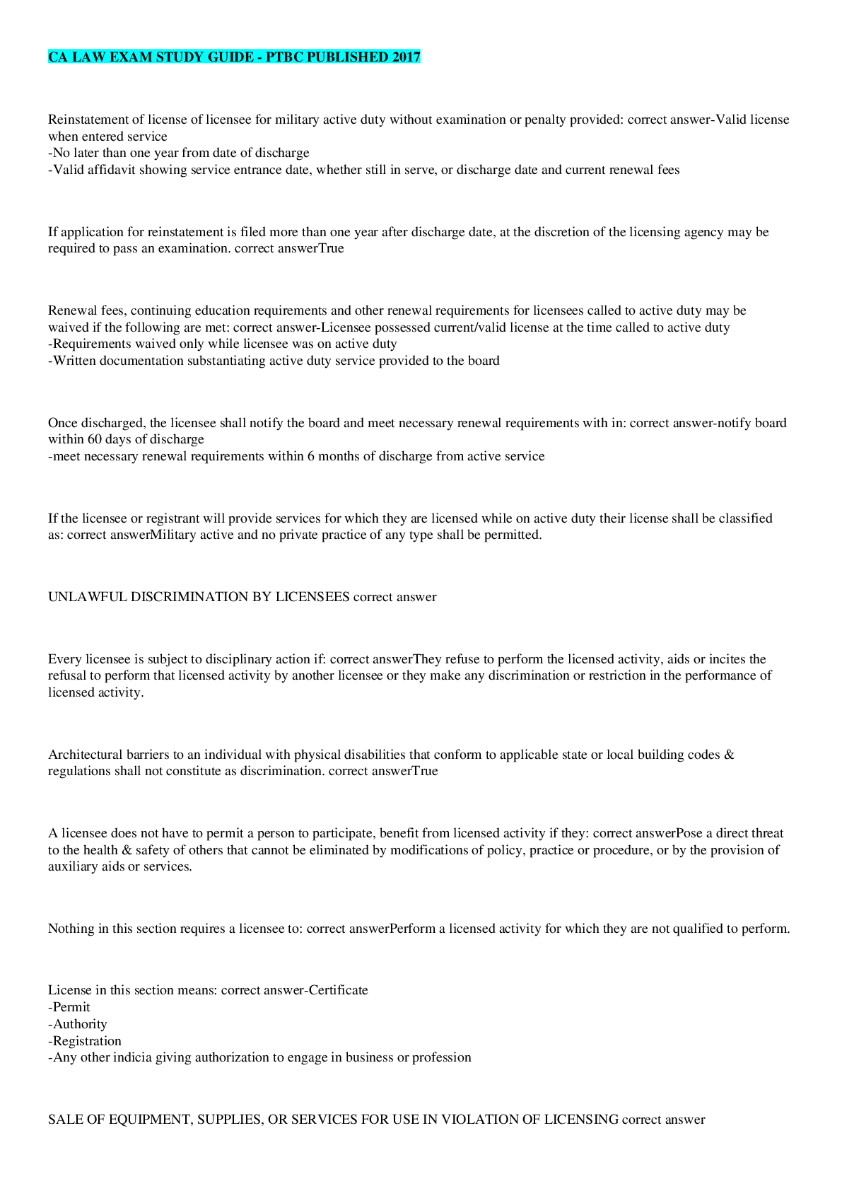 Preview image for CA LAW EXAM STUDY GUIDE - PTBC PUBLISHED 2017